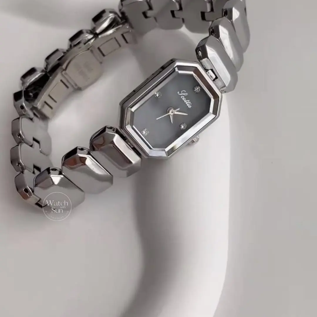 Vintage-Inspired Octagon Face Silver Bralcelet Watch Diamond Grey Dial Watch for Women