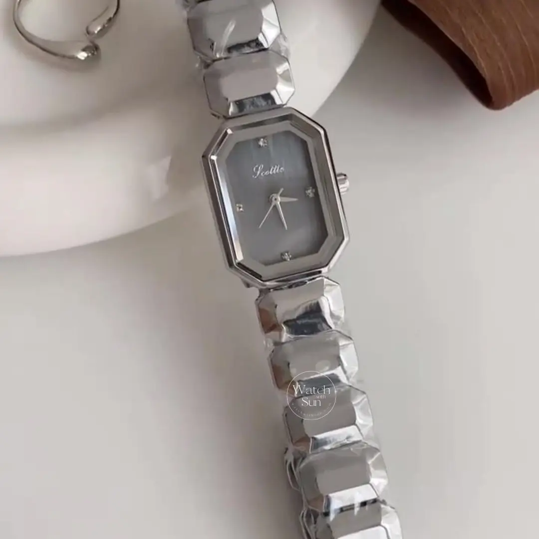 Vintage-Inspired Octagon Face Silver Bralcelet Watch Diamond Grey Dial Watch for Women