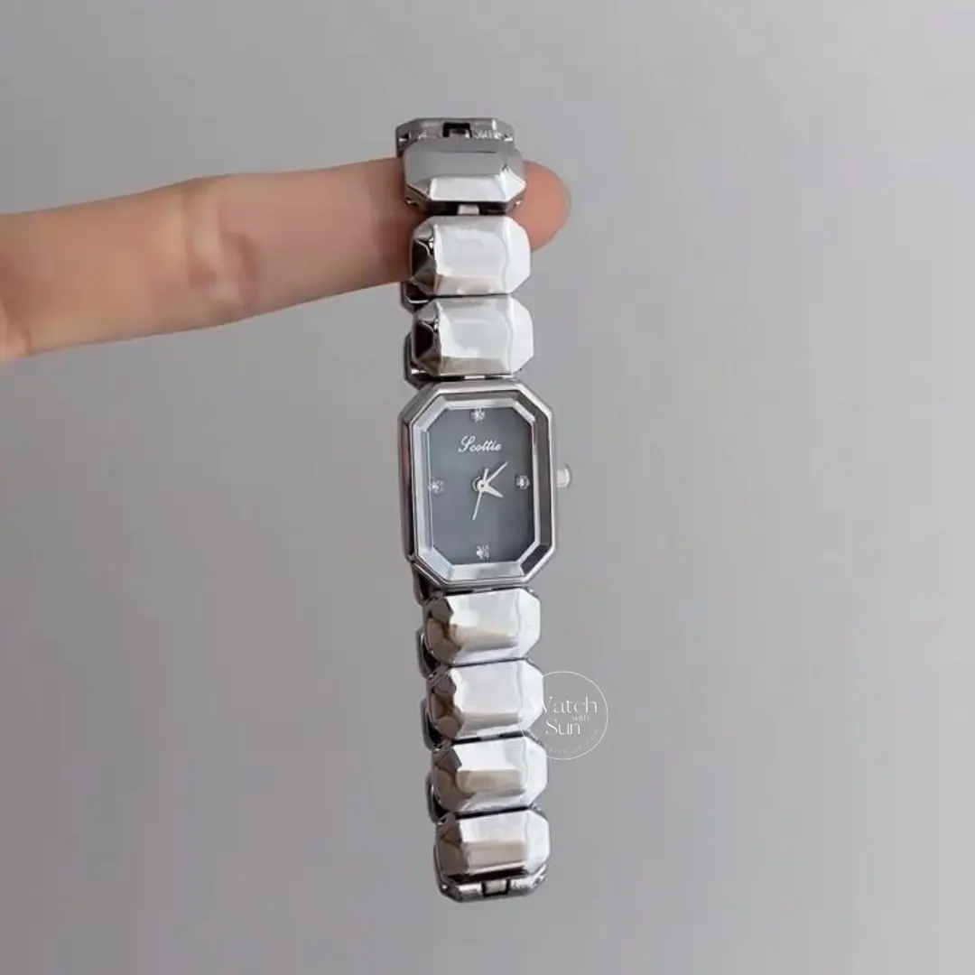 Vintage-Inspired Octagon Face Silver Bralcelet Watch Diamond Grey Dial Watch for Women