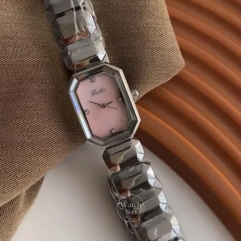 Vintage-Inspired Octagon Face Silver Bracelet Watch Diamond Pink/Mint Green Dial Watch for Women