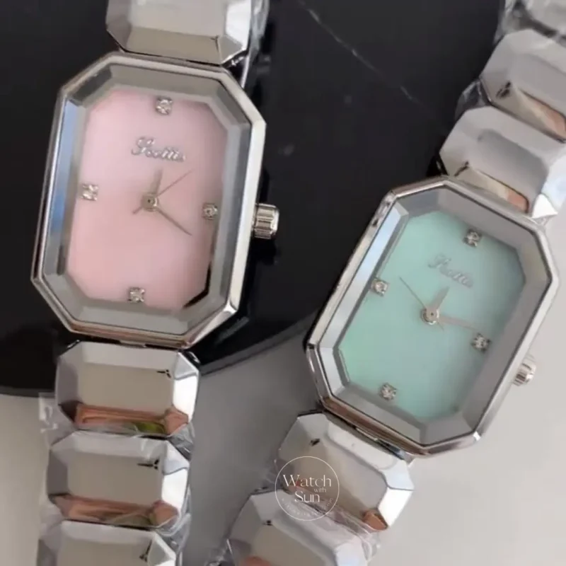 Vintage-Inspired Octagon Face Silver Bracelet Watch Diamond Pink/Mint Green Dial Watch for Women