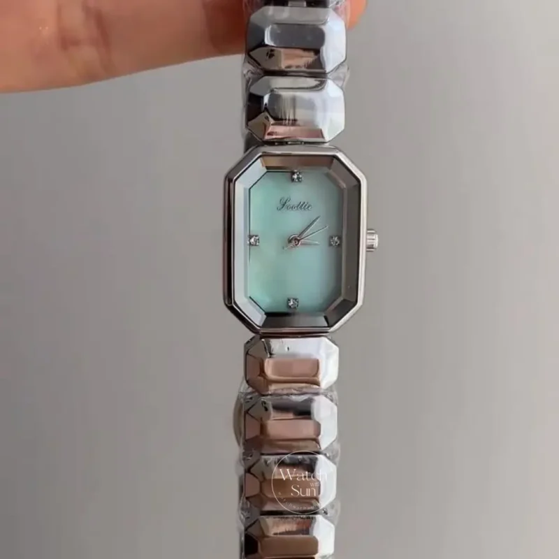Vintage-Inspired Octagon Face Silver Bracelet Watch Diamond Pink/Mint Green Dial Watch for Women