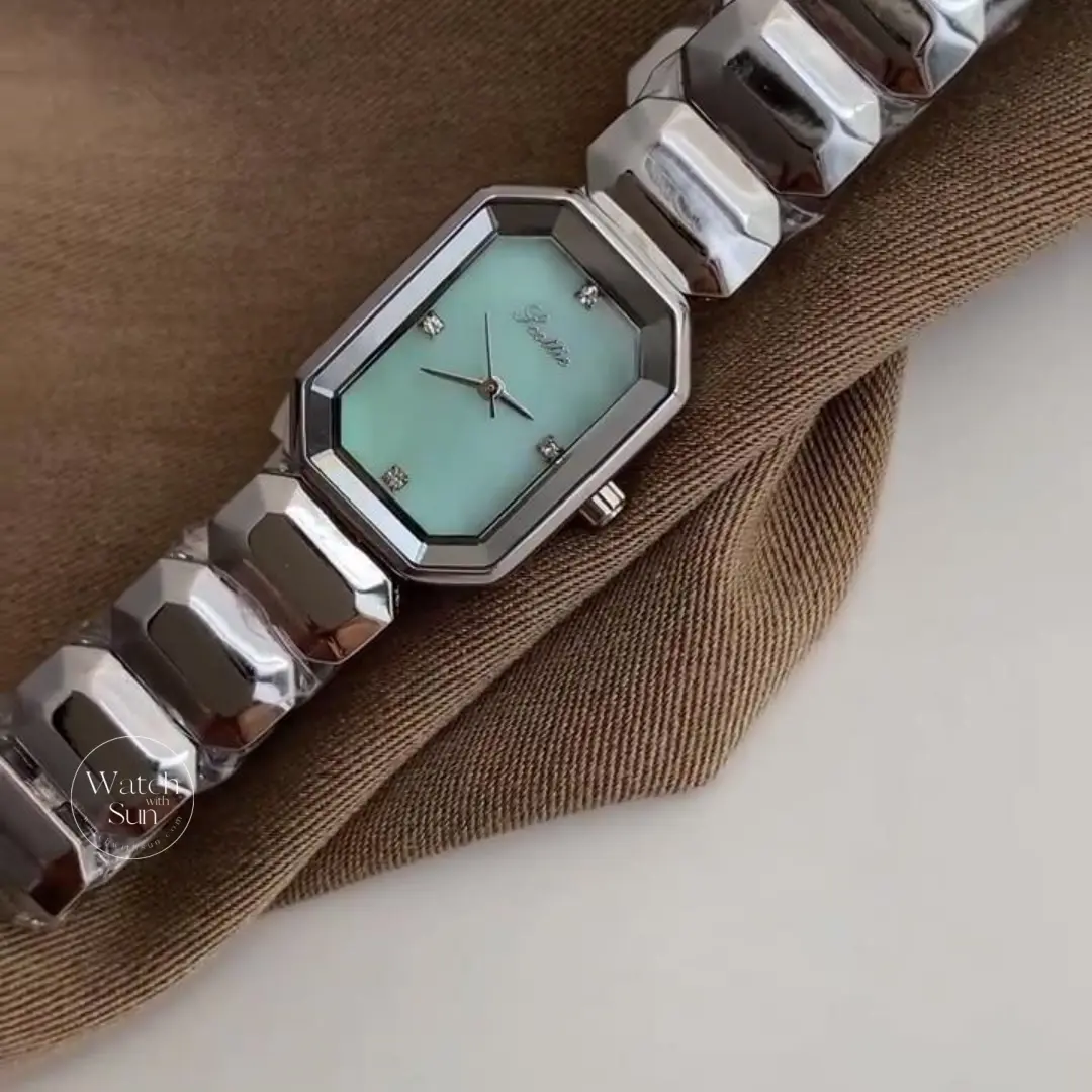 Vintage-Inspired Octagon Face Silver Bracelet Watch Diamond Pink/Mint Green Dial Watch for Women