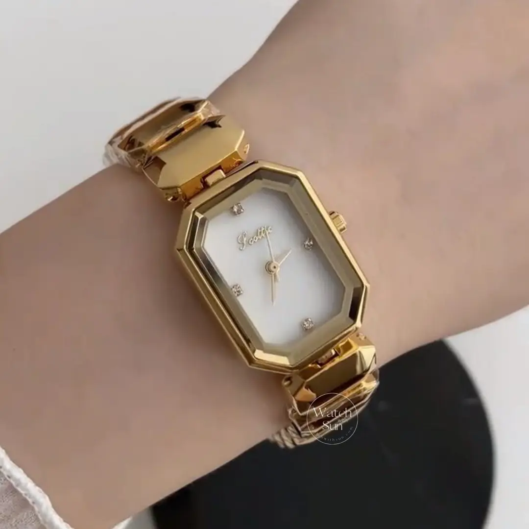 Vintage-Inspired Octagon Face Gold Bracelet Watch Diamond White Green Dial Watch for Women