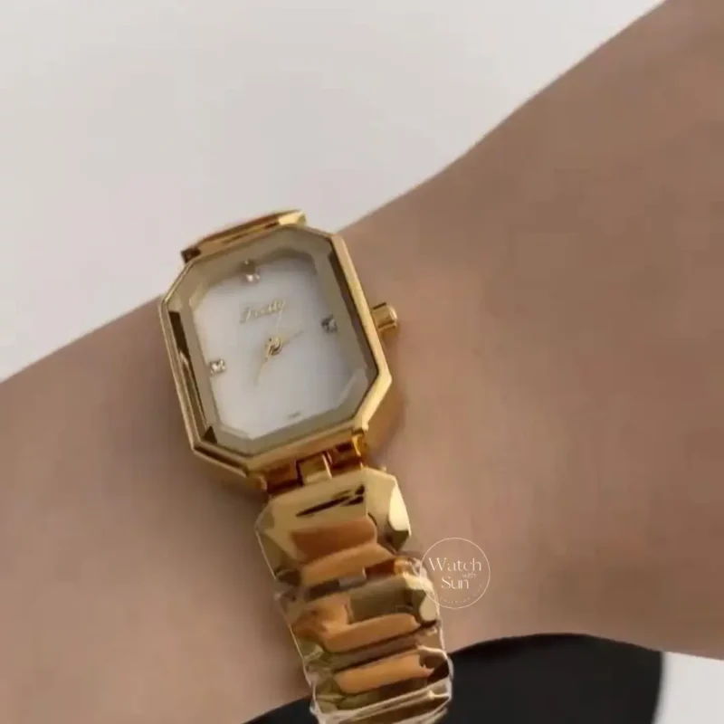Vintage-Inspired Octagon Face Gold Bracelet Watch Diamond White Green Dial Watch for Women