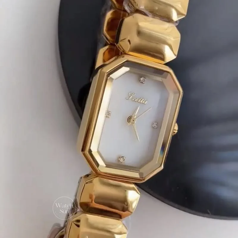 Vintage-Inspired Octagon Face Gold Bracelet Watch Diamond White Green Dial Watch for Women