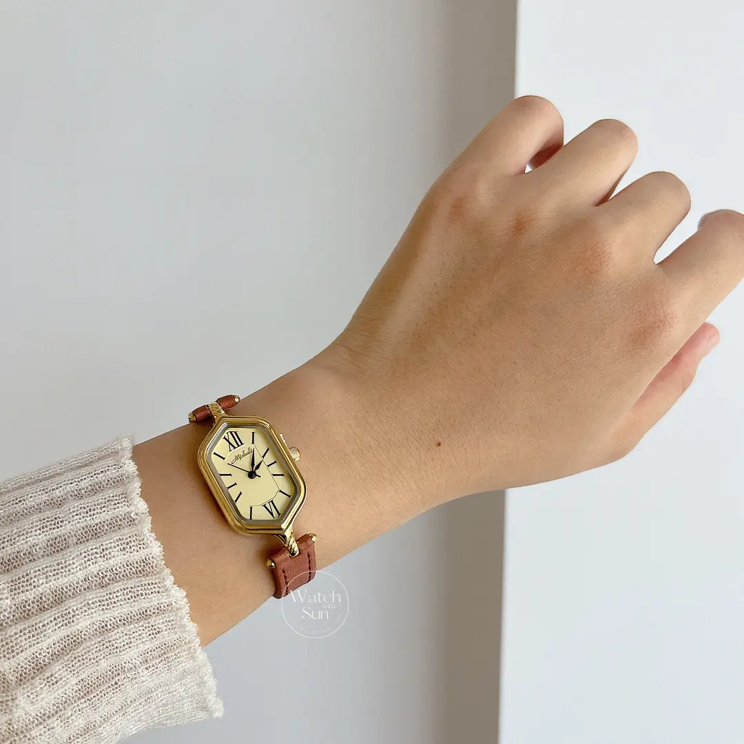 Vintage-Inspired Gold Roman Numeral Brown & Black Genuine Leather Watch for Women