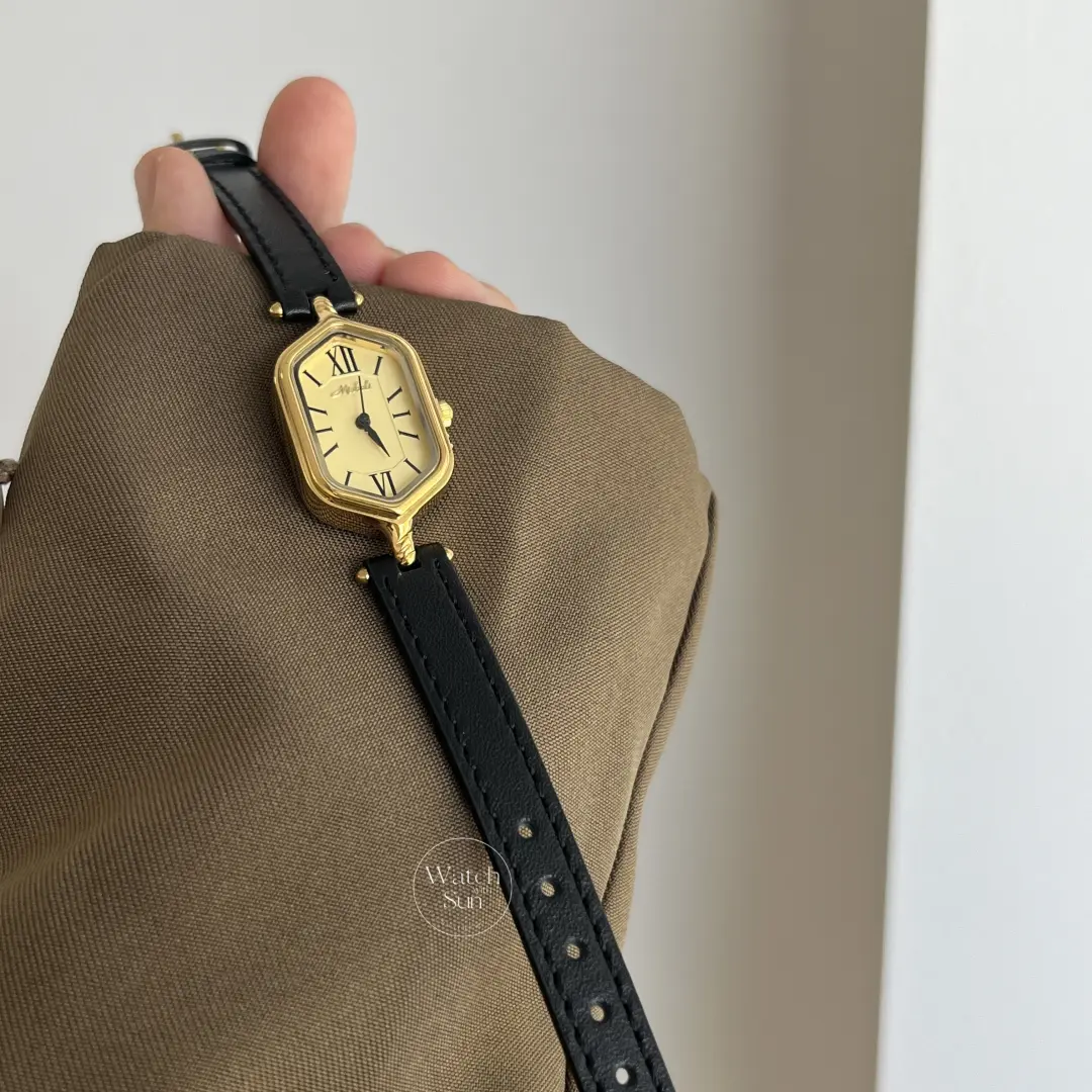 Vintage-Inspired Gold Roman Numeral Brown & Black Genuine Leather Watch for Women