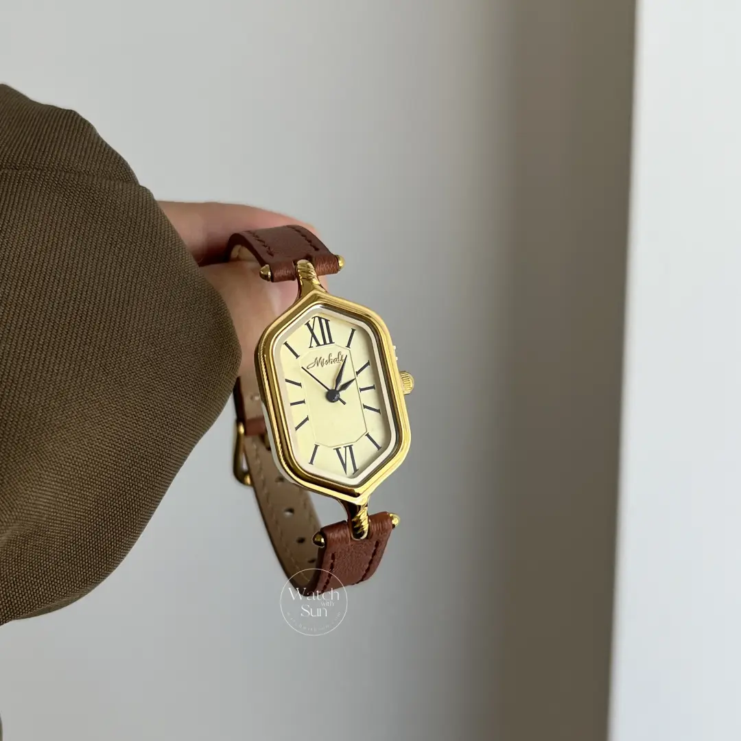 Vintage-Inspired Gold Roman Numeral Brown & Black Genuine Leather Watch for Women