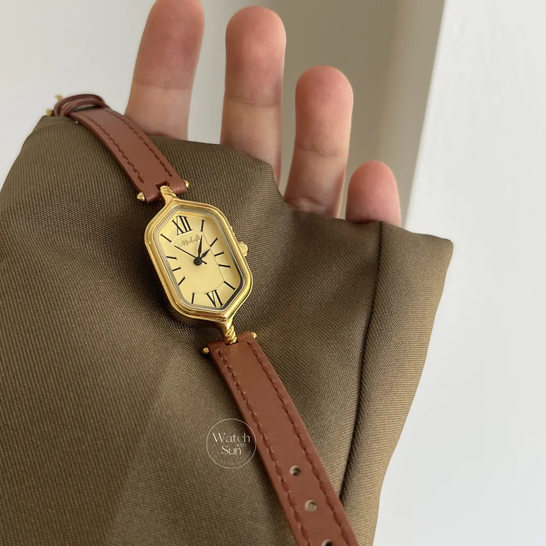 Vintage-Inspired Gold Roman Numeral Brown & Black Genuine Leather Watch for Women