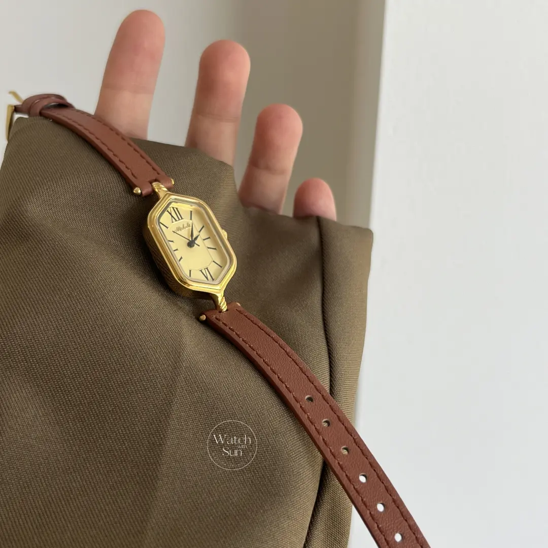 Vintage-Inspired Gold Roman Numeral Brown & Black Genuine Leather Watch for Women