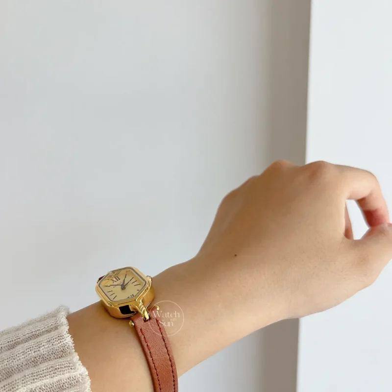 Vintage-Inspired Gold Roman Numeral Brown & Black Genuine Leather Watch for Women