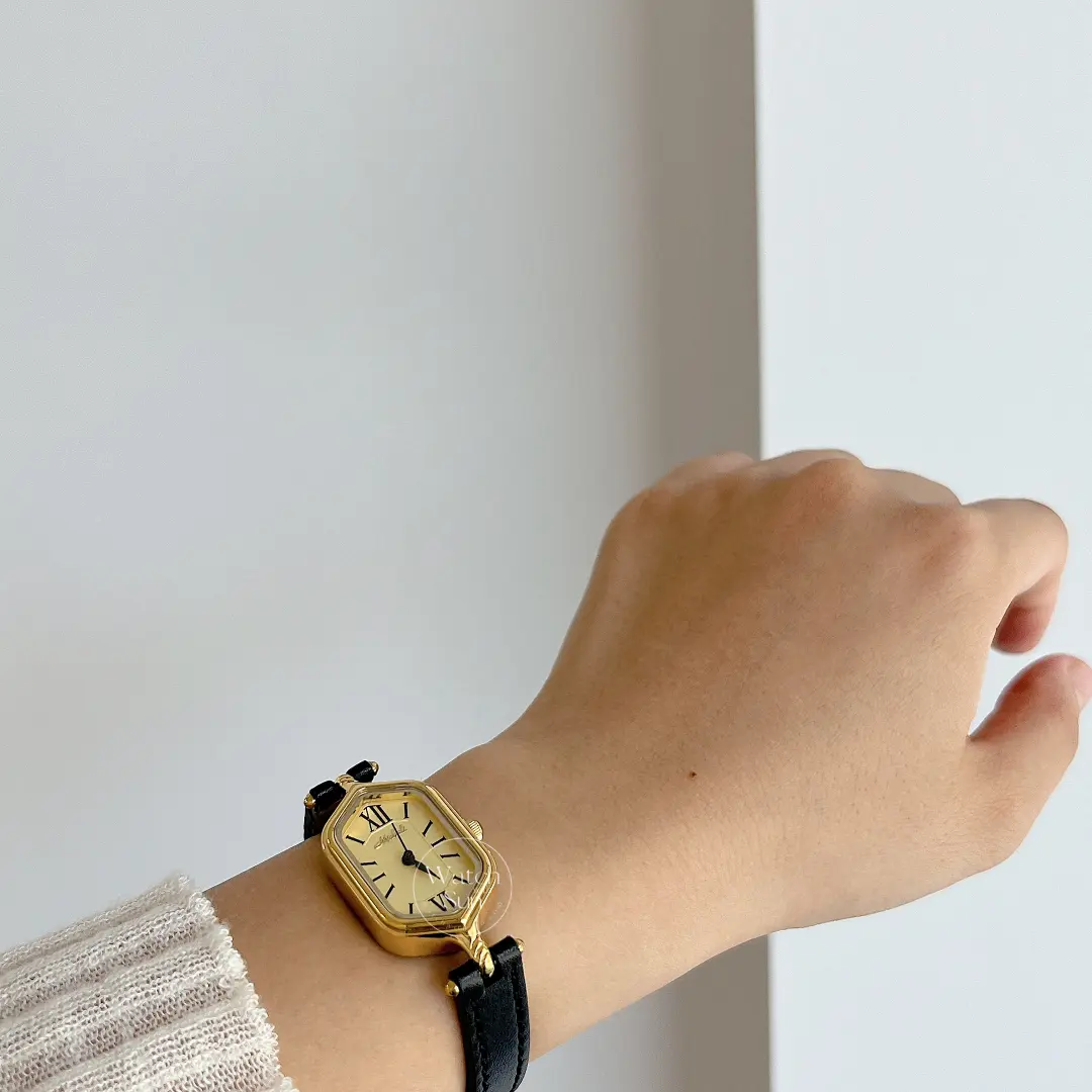 Vintage-Inspired Gold Roman Numeral Brown & Black Genuine Leather Watch for Women