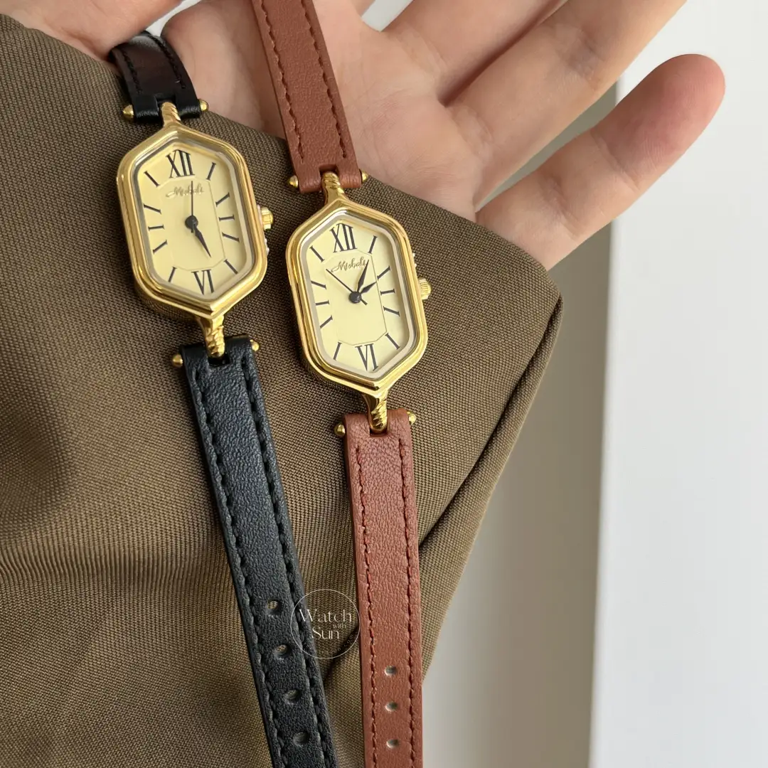 Vintage-Inspired Gold Roman Numeral Brown & Black Genuine Leather Watch for Women