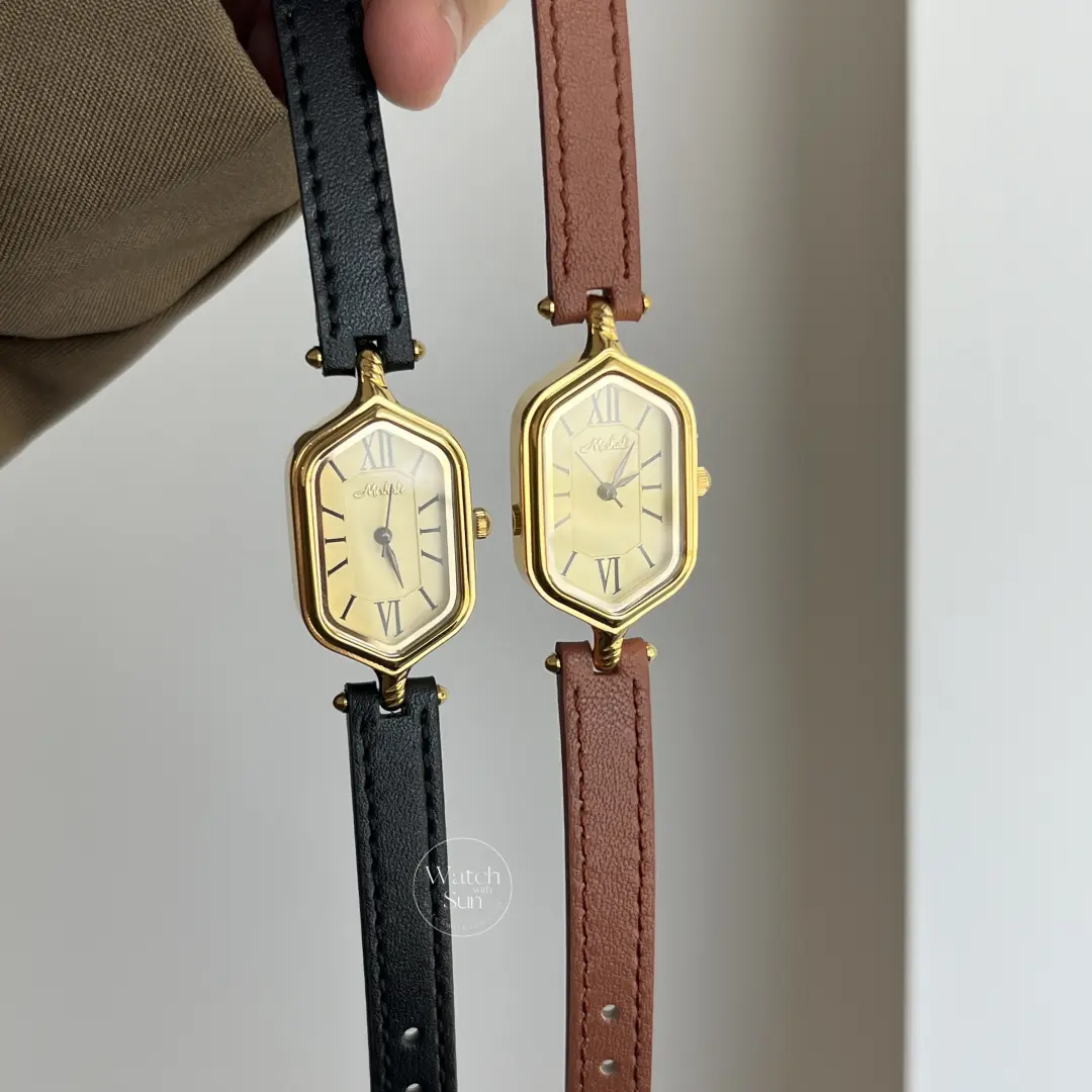Vintage-Inspired Gold Roman Numeral Brown & Black Genuine Leather Watch for Women