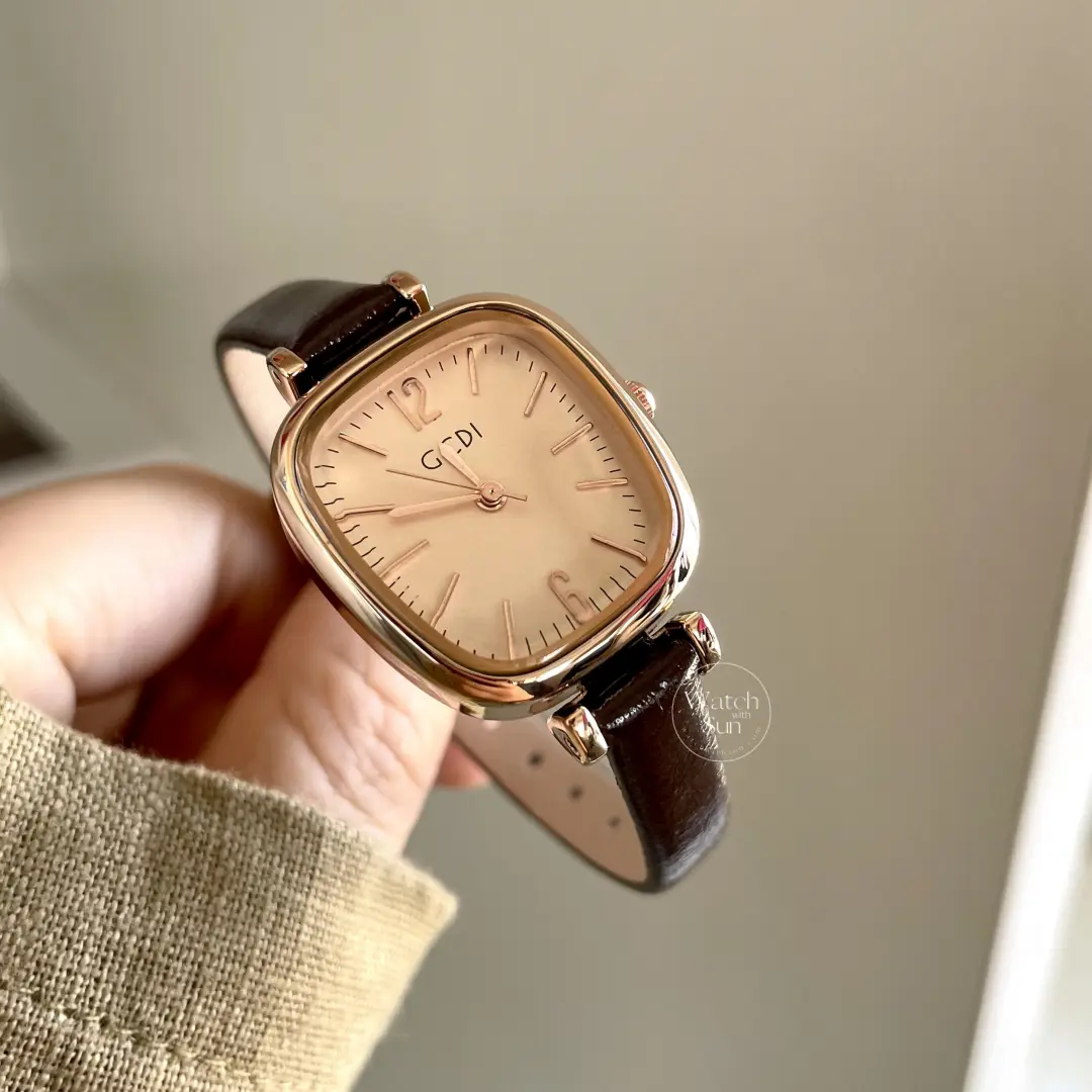 Elegant Rose Gold Square Case Watch Black/Brown/Beige Leather Watch for Women
