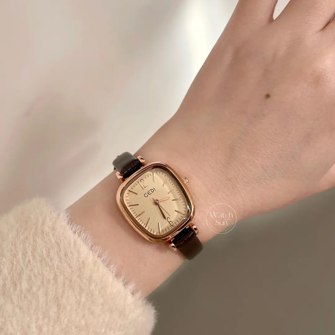 Elegant Rose Gold Square Case Watch Black/Brown/Beige Leather Watch for Women