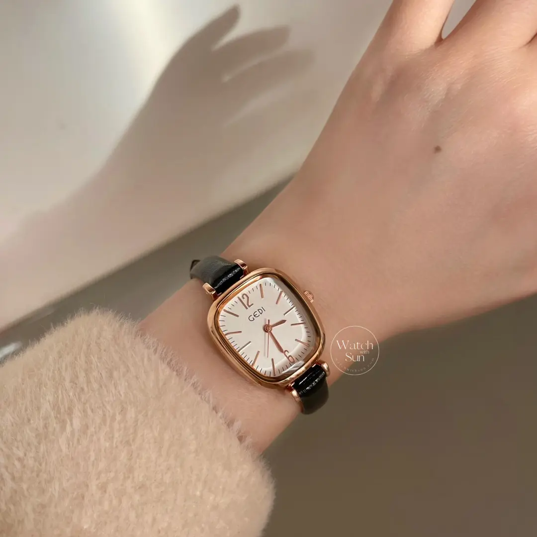 Elegant Rose Gold Square Case Watch Black/Brown/Beige Leather Watch for Women