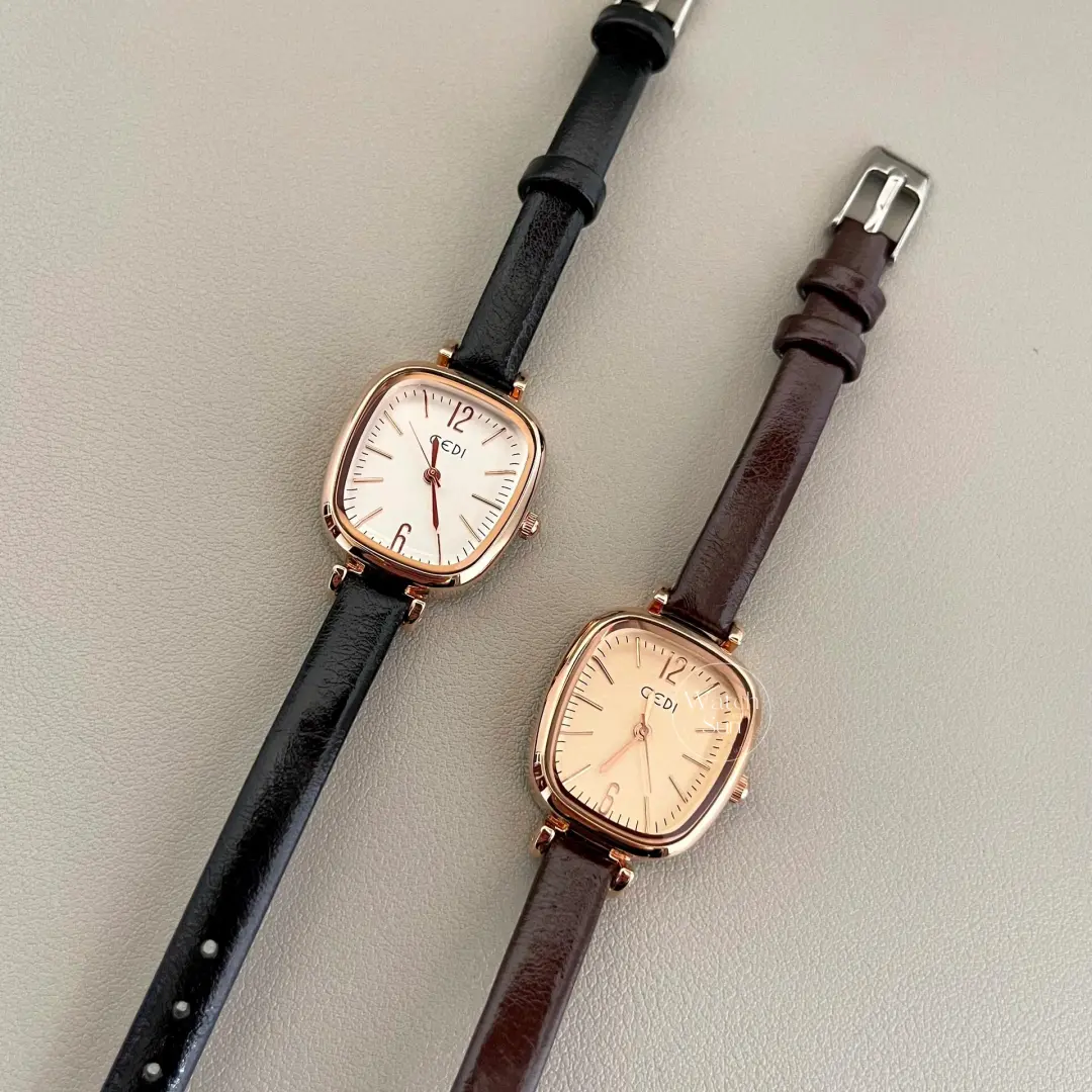 Elegant Rose Gold Square Case Watch Black/Brown/Beige Leather Watch for Women