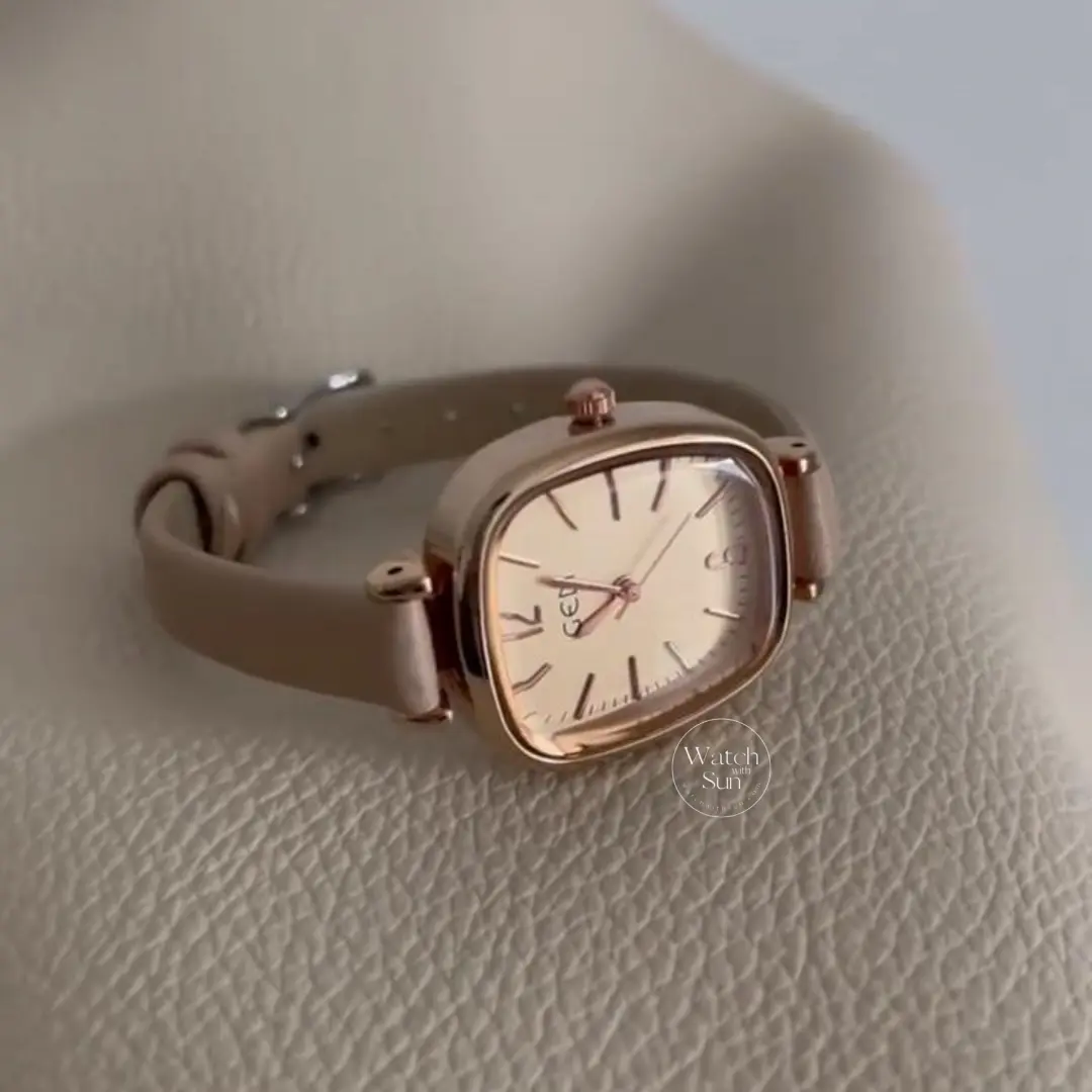 Elegant Rose Gold Square Case Watch Black/Brown/Beige Leather Watch for Women