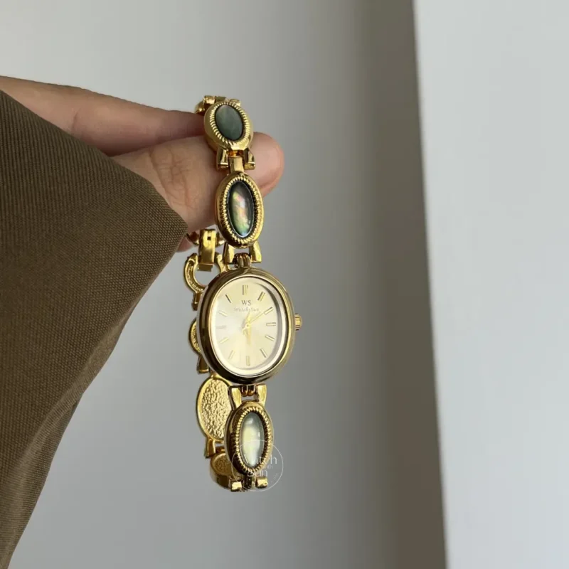 Vintage-Inspired Mother of Pearl Band Watch Dainty Gold Dial Women's Watch