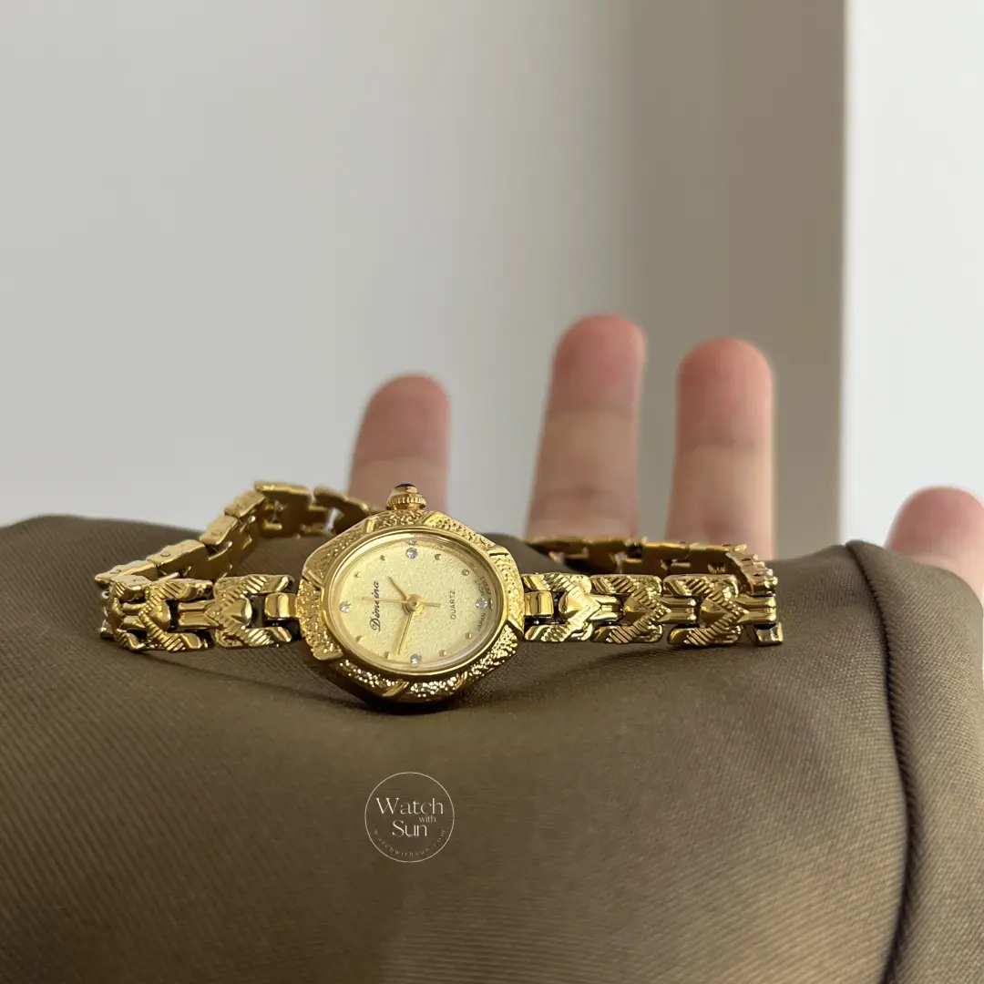 Dainty Gold Bracelet Watch Elegant Quartz Dial Textured Band Watch for Women