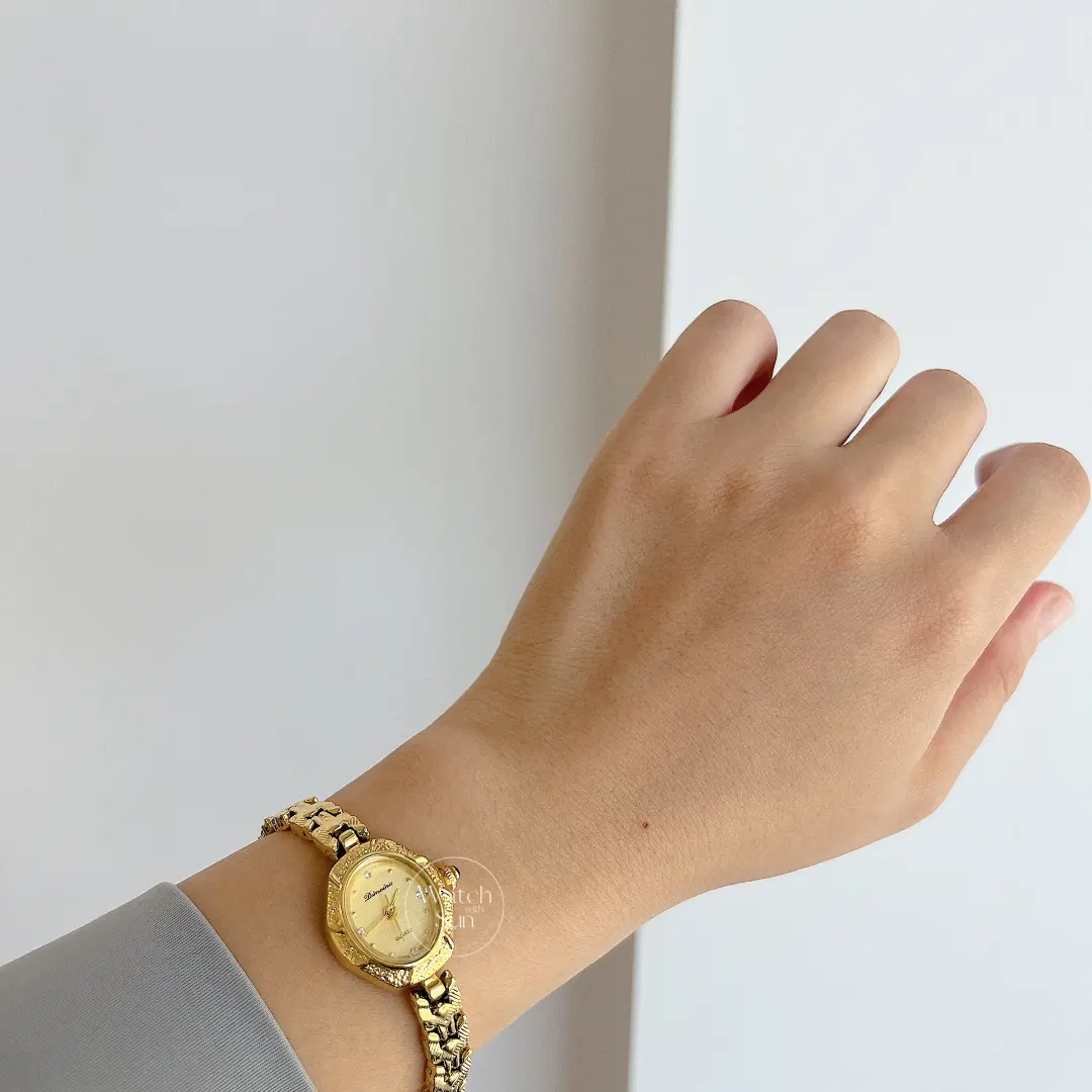 Dainty Gold Bracelet Watch Elegant Quartz Dial Textured Band Watch for Women