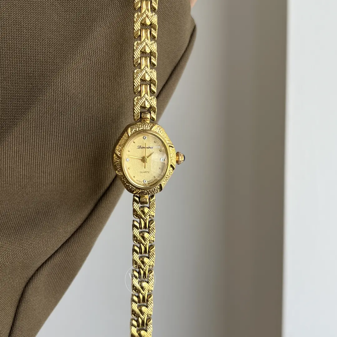 Dainty Gold Bracelet Watch Elegant Quartz Dial Textured Band Watch for Women