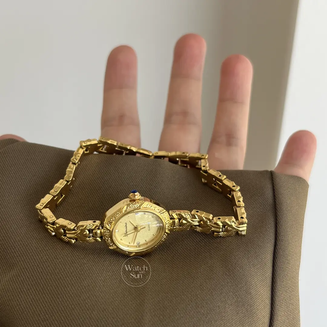 Dainty Gold Bracelet Watch Elegant Quartz Dial Textured Band Watch for Women