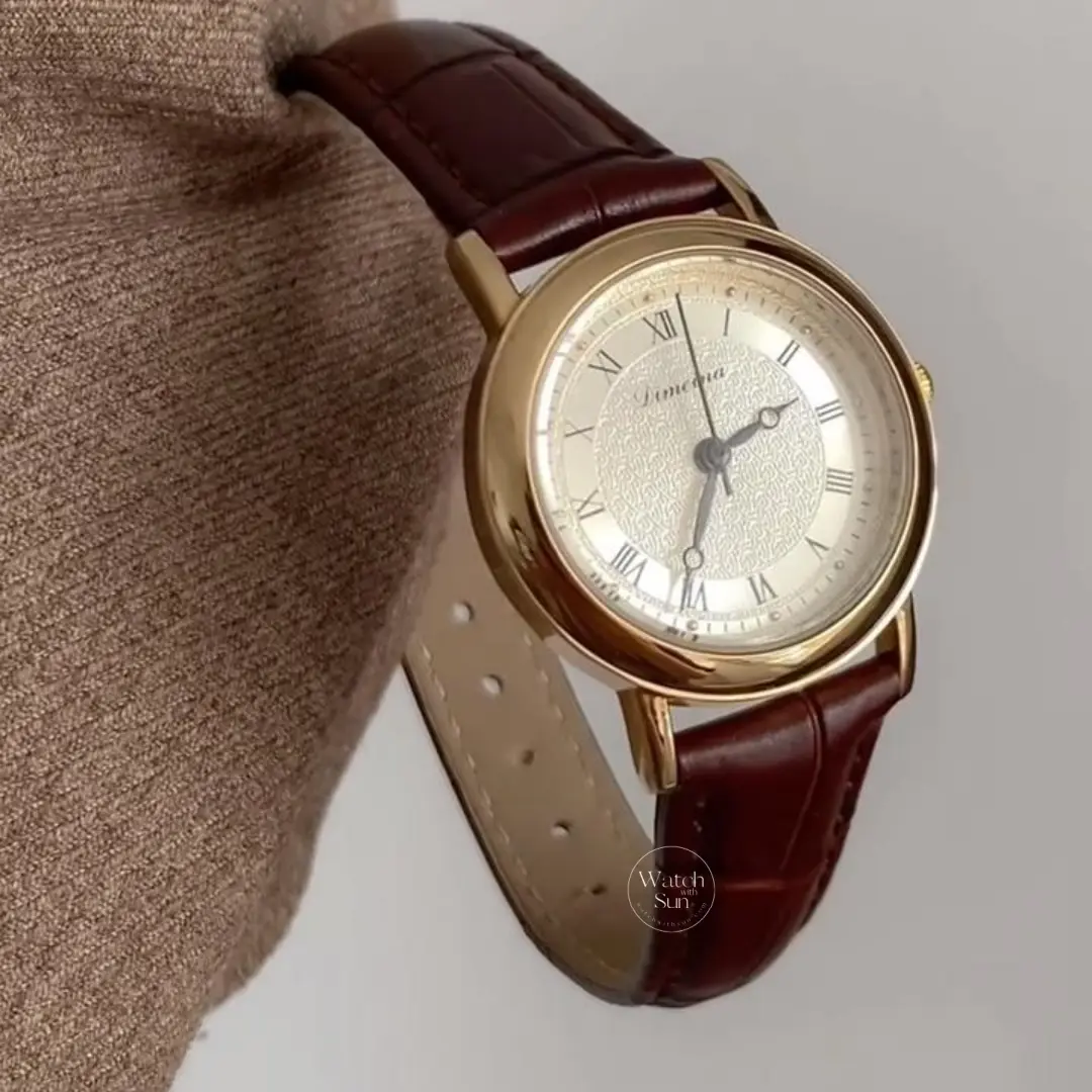 Classic Brown Leather Big Round Face Roman Number Dial Watch for Women