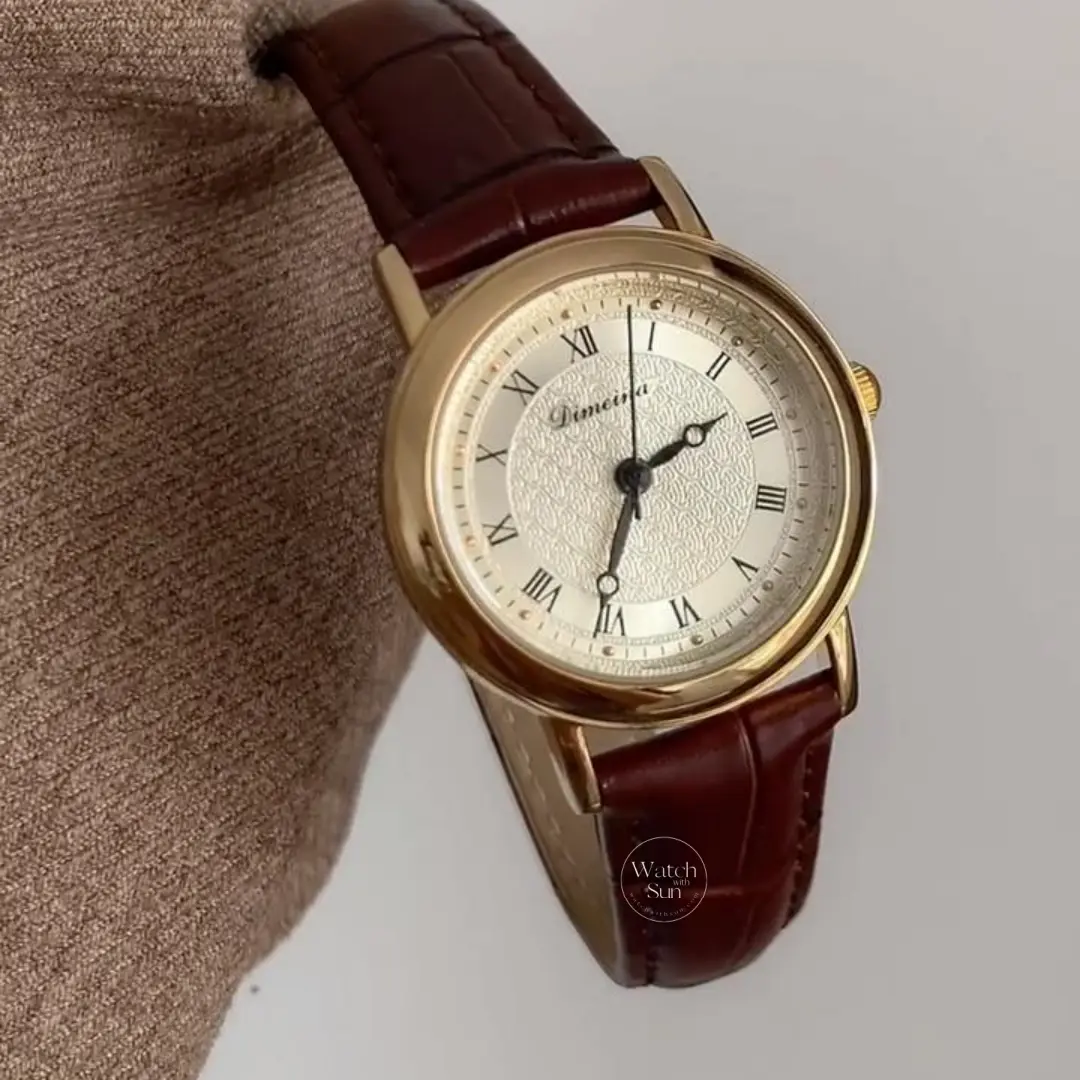 Classic Brown Leather Big Round Face Roman Number Dial Watch for Women