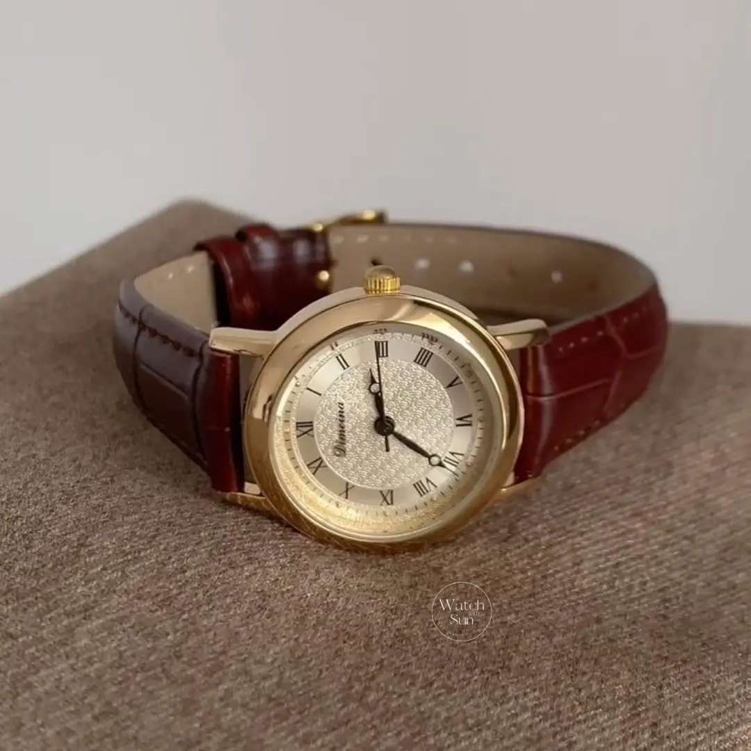 Classic Brown Leather Big Round Face Roman Number Dial Watch for Women