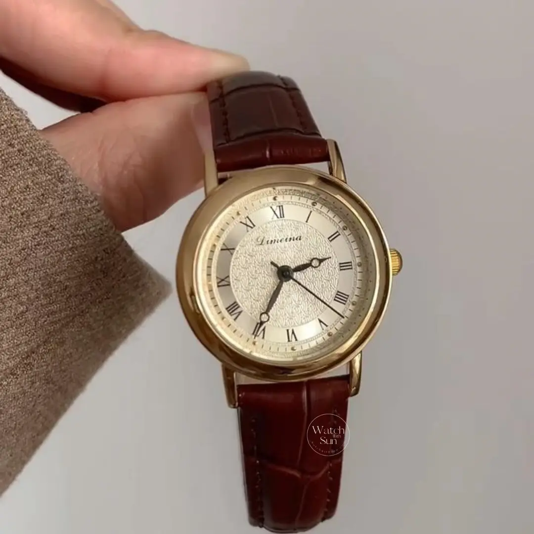 Classic Brown Leather Big Round Face Roman Number Dial Watch for Women