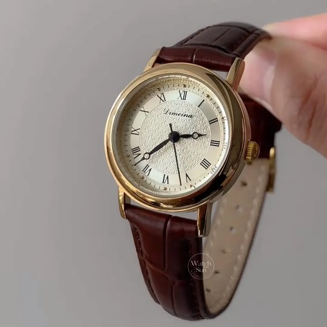 Classic Brown Leather Big Round Face Roman Number Dial Watch for Women
