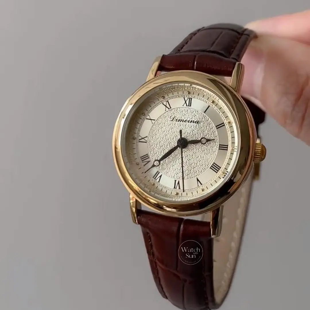 Classic Brown Leather Big Round Face Roman Number Dial Watch for Women