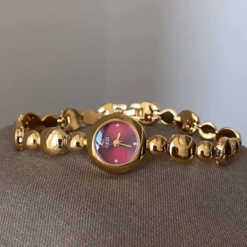 Dainty Gold Watch Small Round Case Burgundy Dial Watch for Women