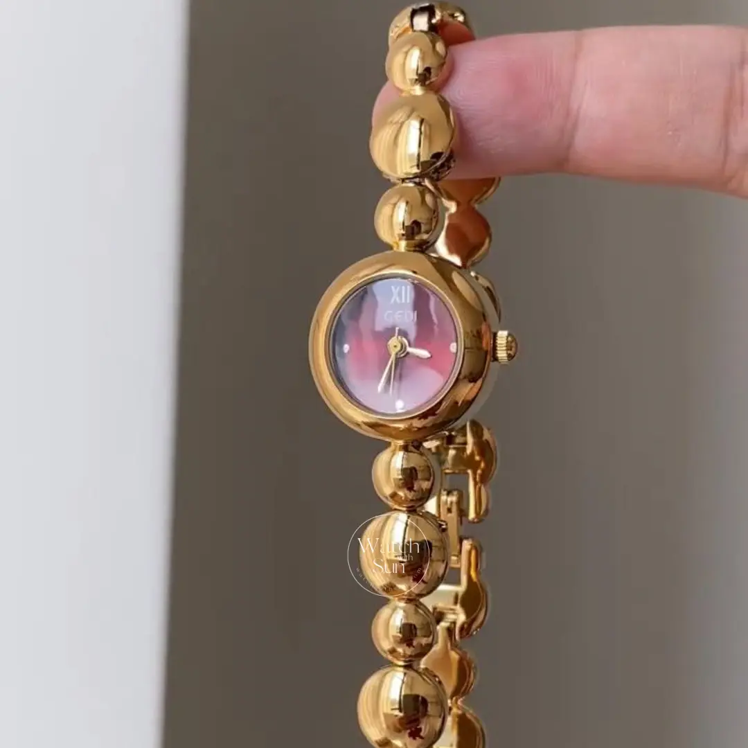 Dainty Gold Watch Small Round Case Burgundy Dial Watch for Women