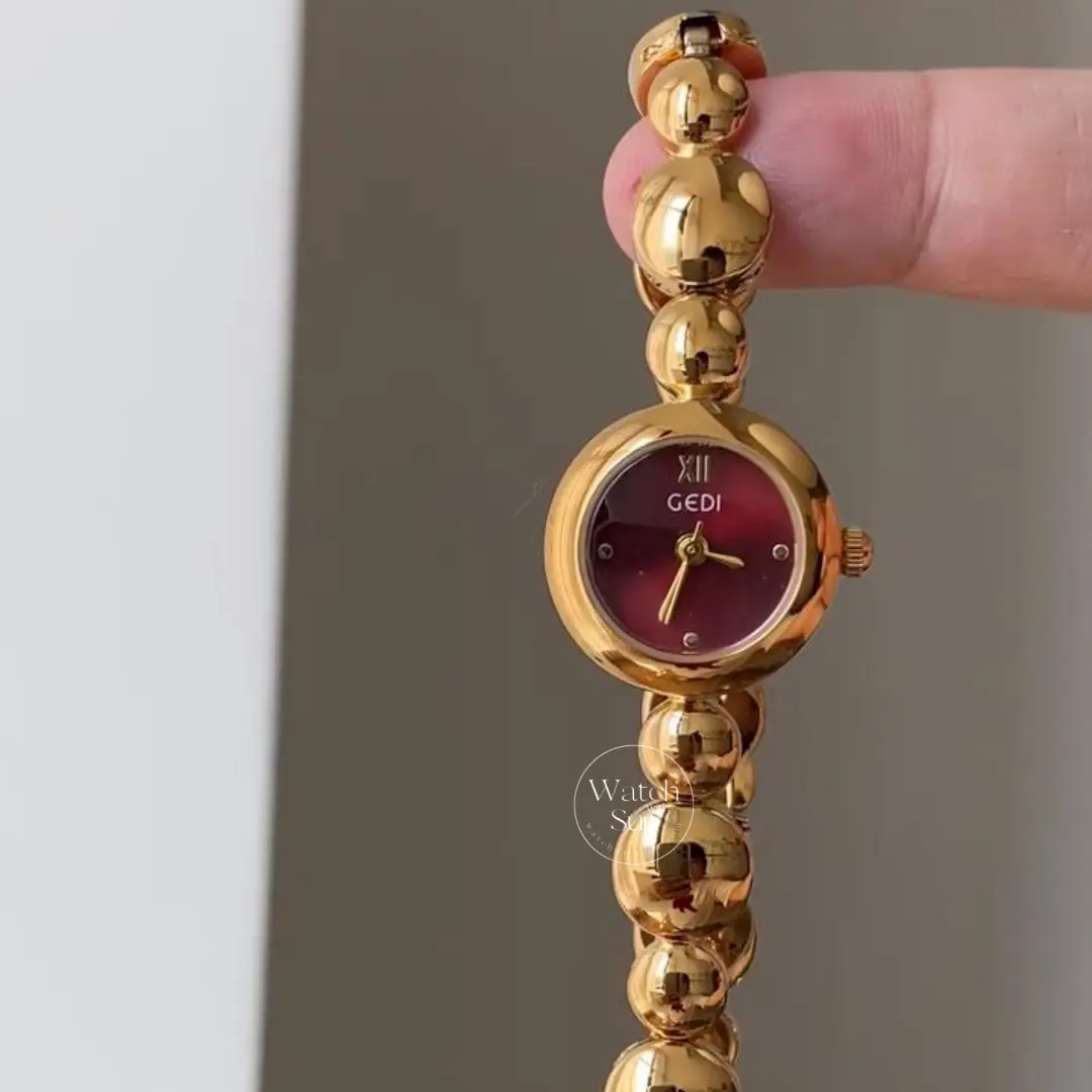 Dainty Gold Watch Small Round Case Burgundy Dial Watch for Women