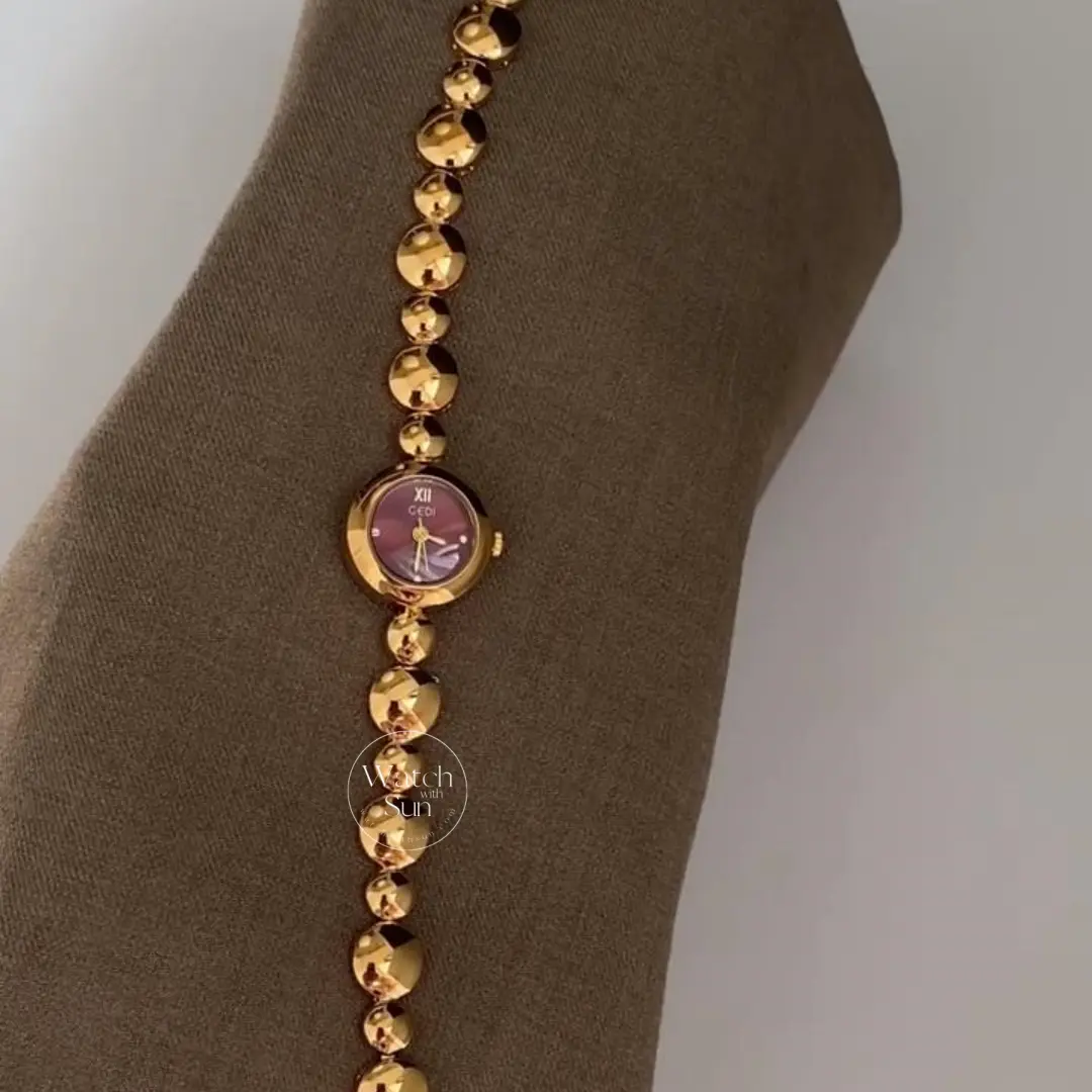 Dainty Gold Watch Small Round Case Burgundy Dial Watch for Women