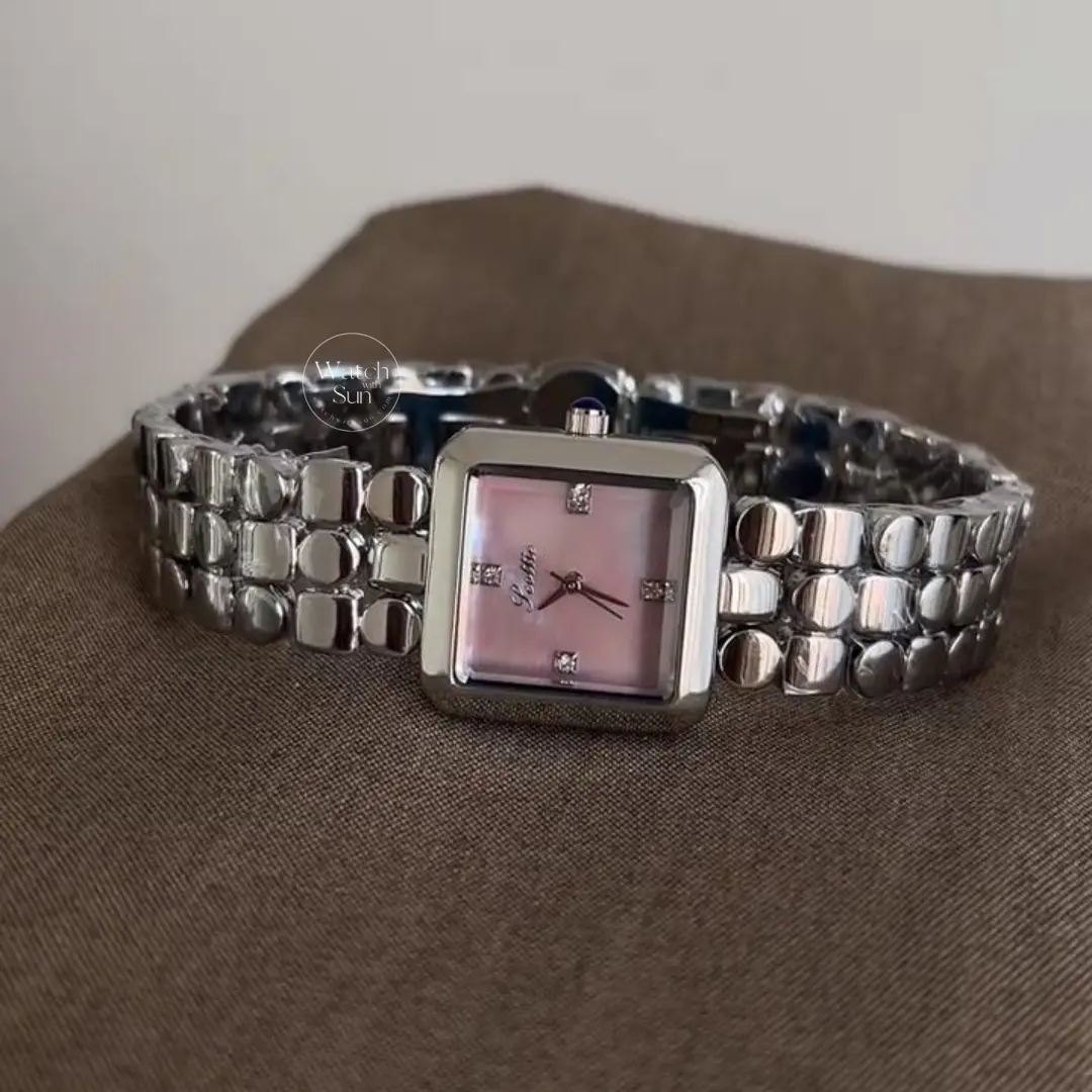 Chic Blue/Pink Dial Mother of Pearl Face Square Watch for Women