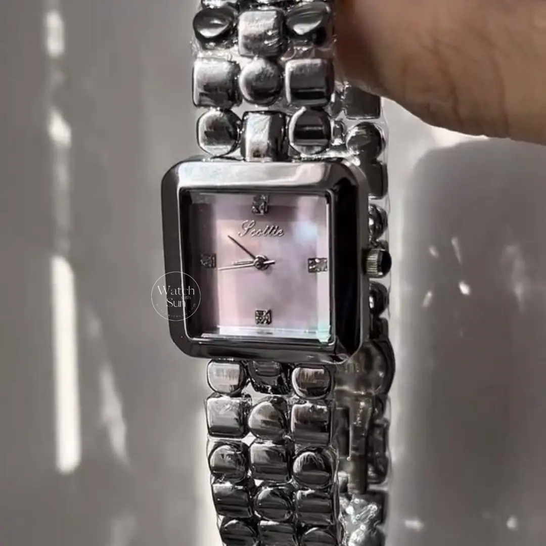 Chic Blue/Pink Dial Mother of Pearl Face Square Watch for Women