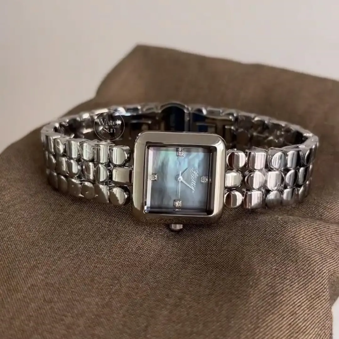 Chic Blue/Pink Dial Mother of Pearl Face Square Watch for Women