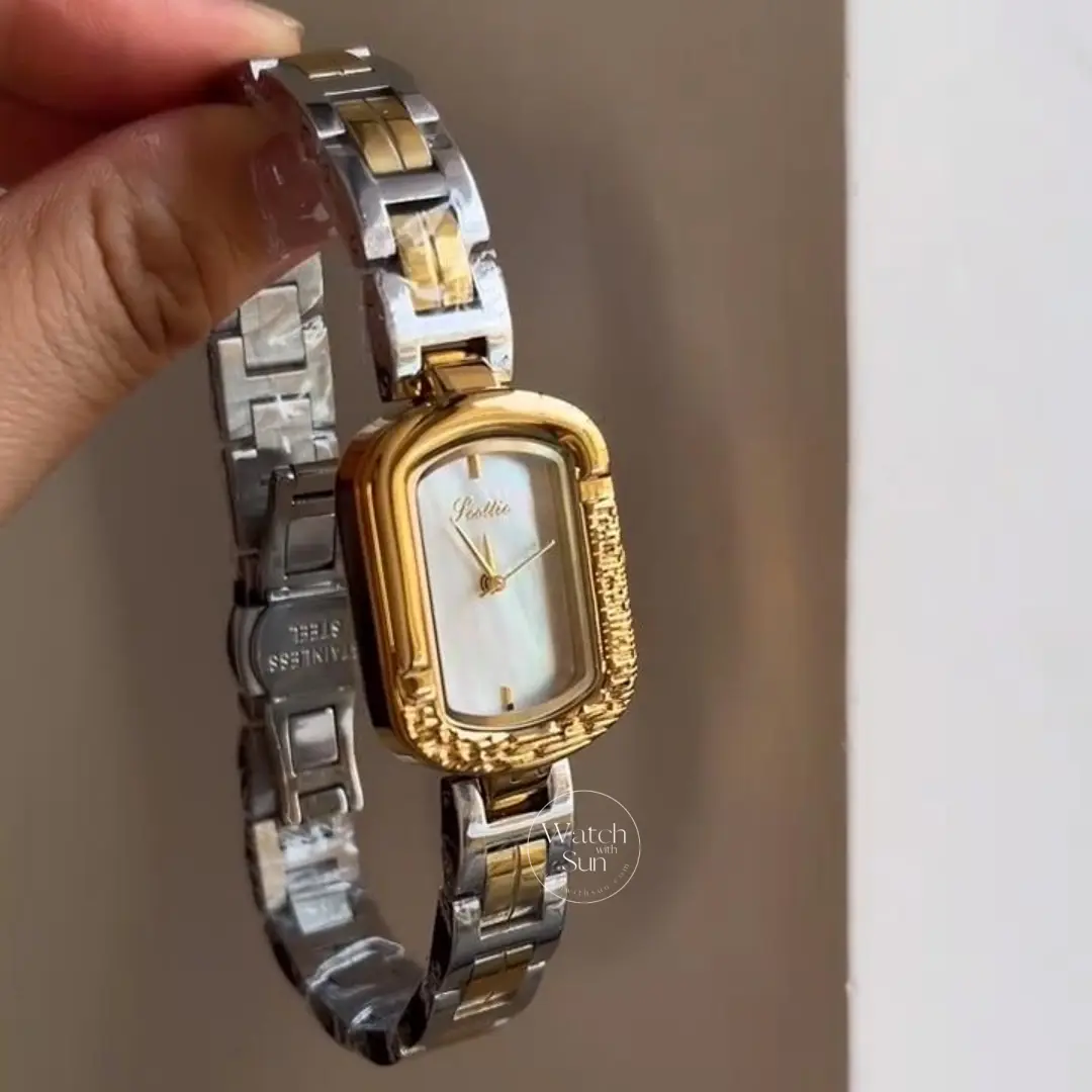 Vintage-Inspired Rectangular Mother-of-Pearl Dial Watch Two-Tone Watch for Women