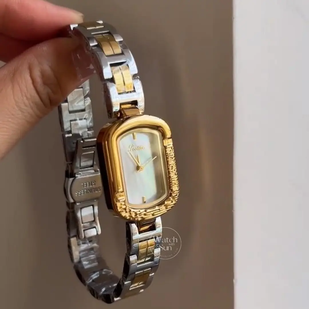 Vintage-Inspired Rectangular Mother-of-Pearl Dial Watch Two-Tone Watch for Women