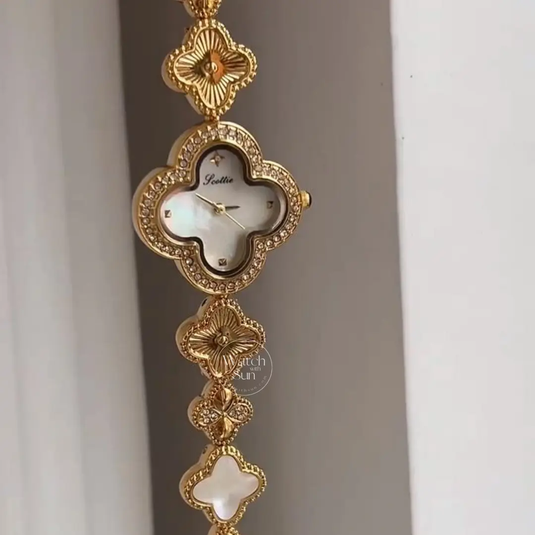 Dainty Four Leaf Clover Gold Bracelet Watch Mother-of-Pearl Dial Watch for Women