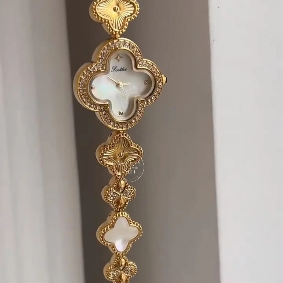 Dainty Four Leaf Clover Gold Bracelet Watch Mother-of-Pearl Dial Watch for Women