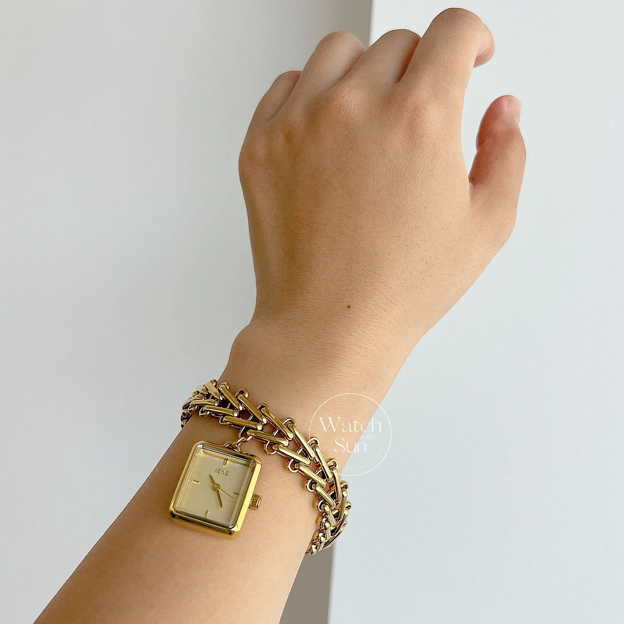 Dainty Gold Charm Bracelet Watch Square Face Pendant Women's Watch