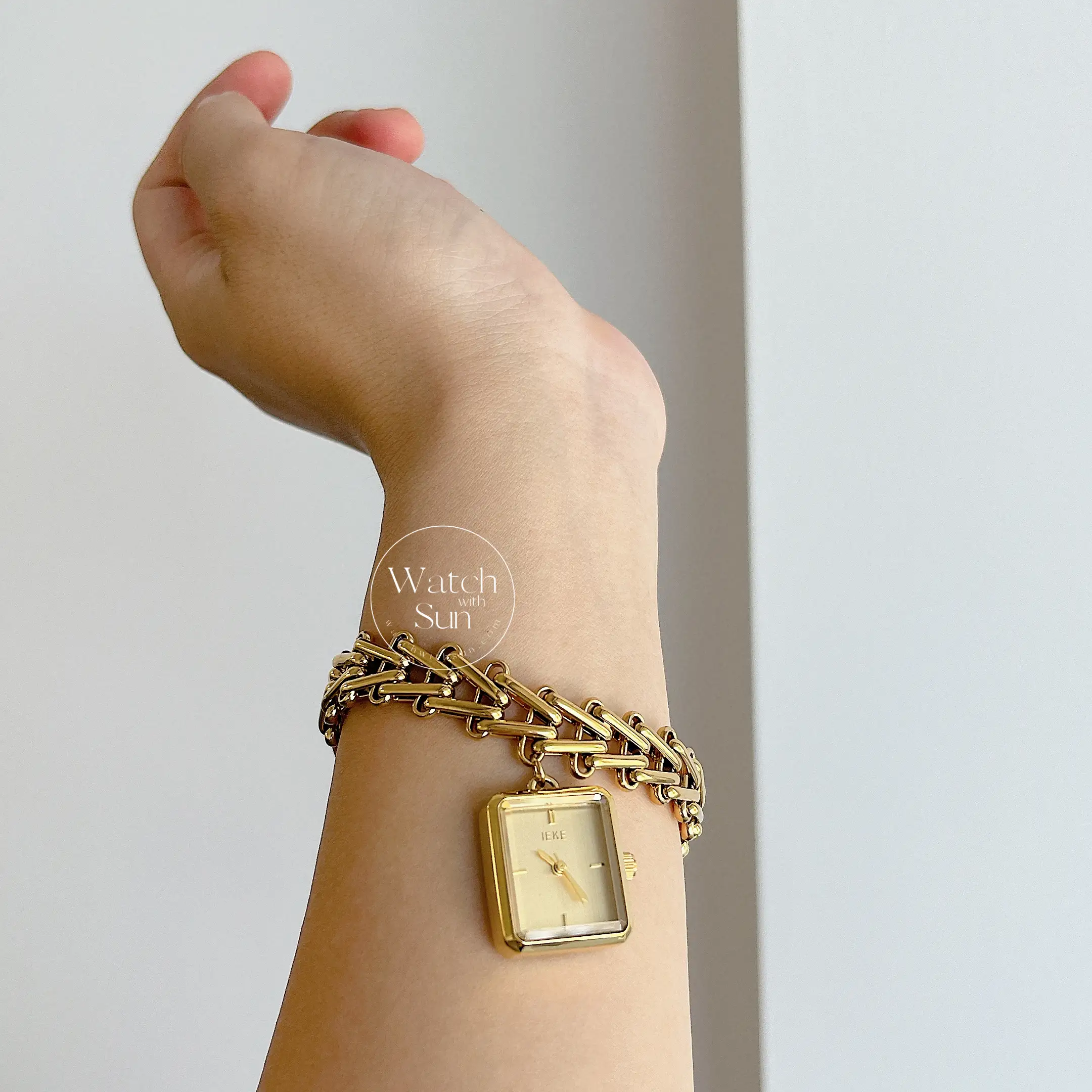 Dainty Gold Charm Bracelet Watch Square Face Pendant Women's Watch