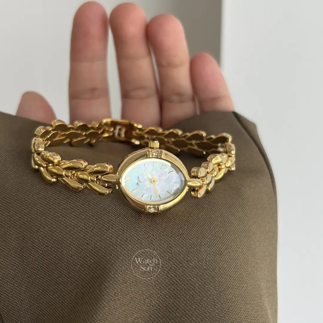 Vintage-Inspired Mother of Pearl Dial Watch Dainty Gold Bracelet Watch