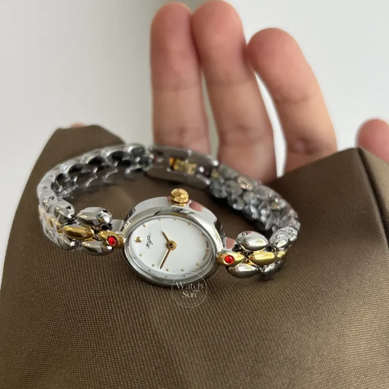 Vintage-Inspired White Dial Oval Face Two Tone Bracelet Watch for Women